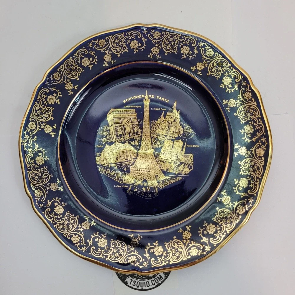 Florance Limoges Souvenir de Paris Plate Cobalt Blue Gold Gilt French Porcelain